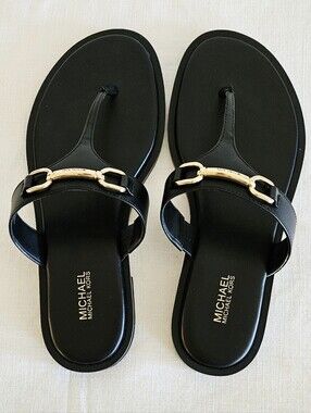 MICHAEL Michael Kors Carson Black Leather Thong Sandals with Gold-Tone Buckle